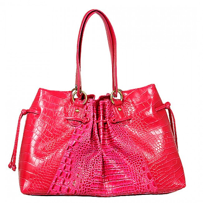 Genuine Cow Leather - GNZLZ inspired w/ Croc Embossed Drawstring Tote - Fuchsia - BG-25009FU